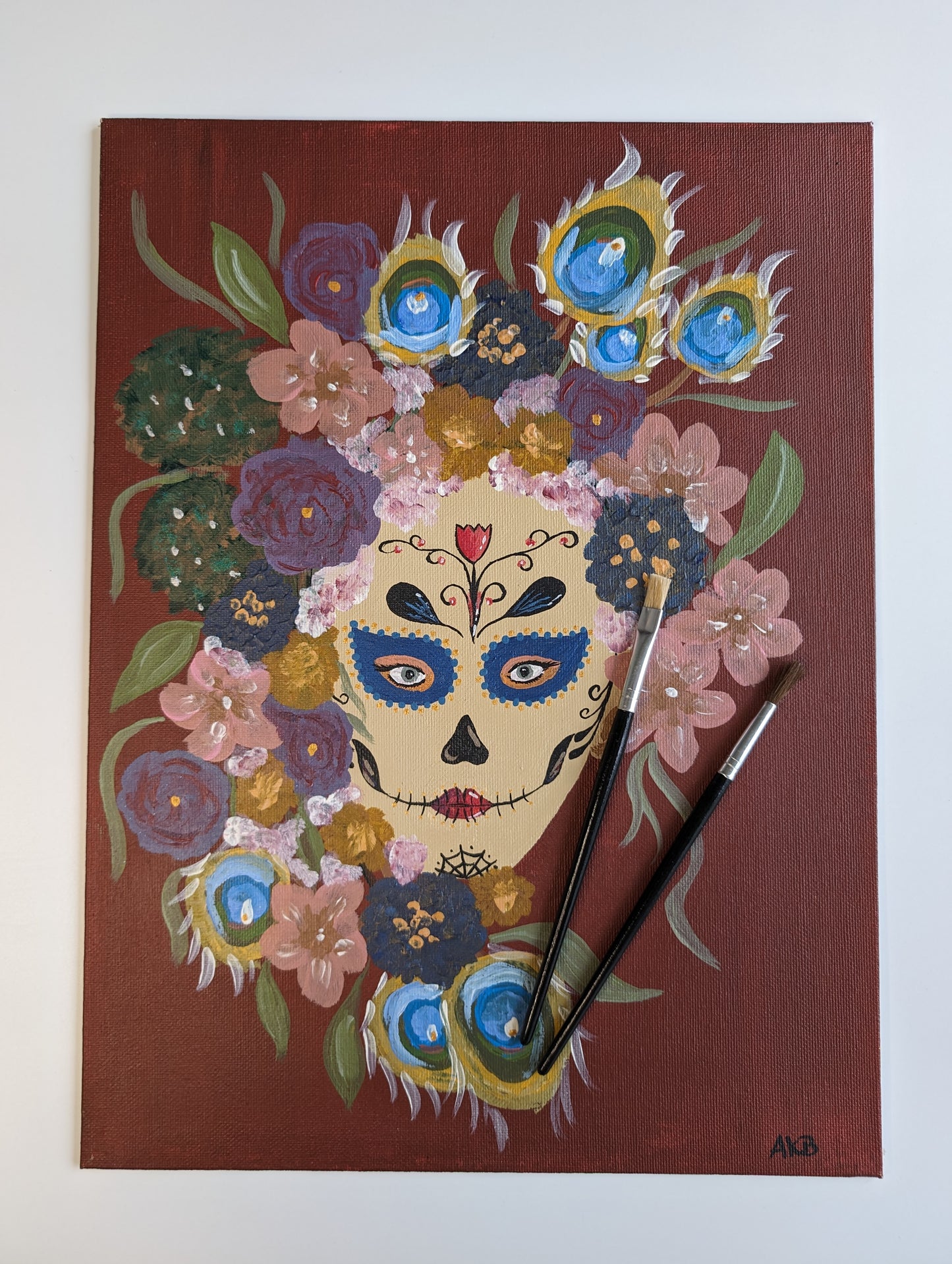 Catrina with Peacock Feathers – Acrylic Painting