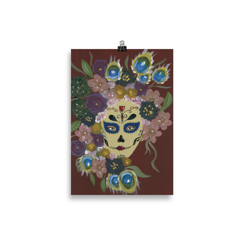 Catrina portrait art print in A3, peacock feathers and flowers