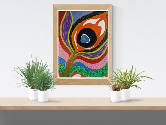 Additional detail view of Pavo Real Feather acrylic painting